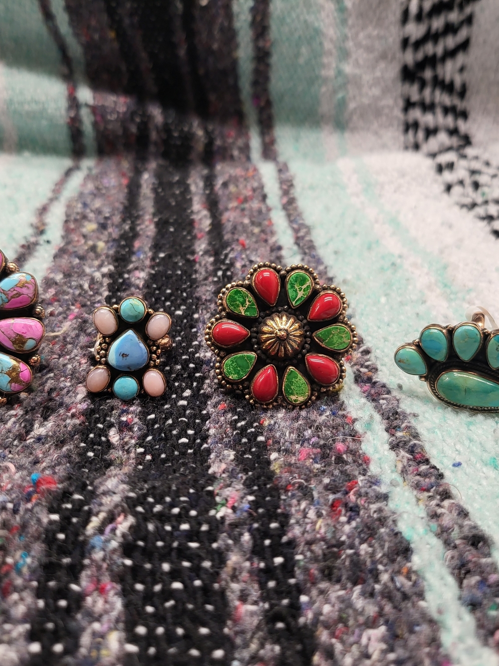 Boho Turquoise And Dahlia Copper Rings Set Of 4 Adjustable Size